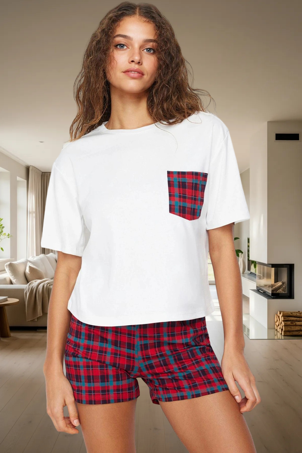 Pamuklu Ekose Pijama Takımı Kısa Kollu Regular Yazlık Ev Giyim Zarifane Tasarım Mükemmel Uyum