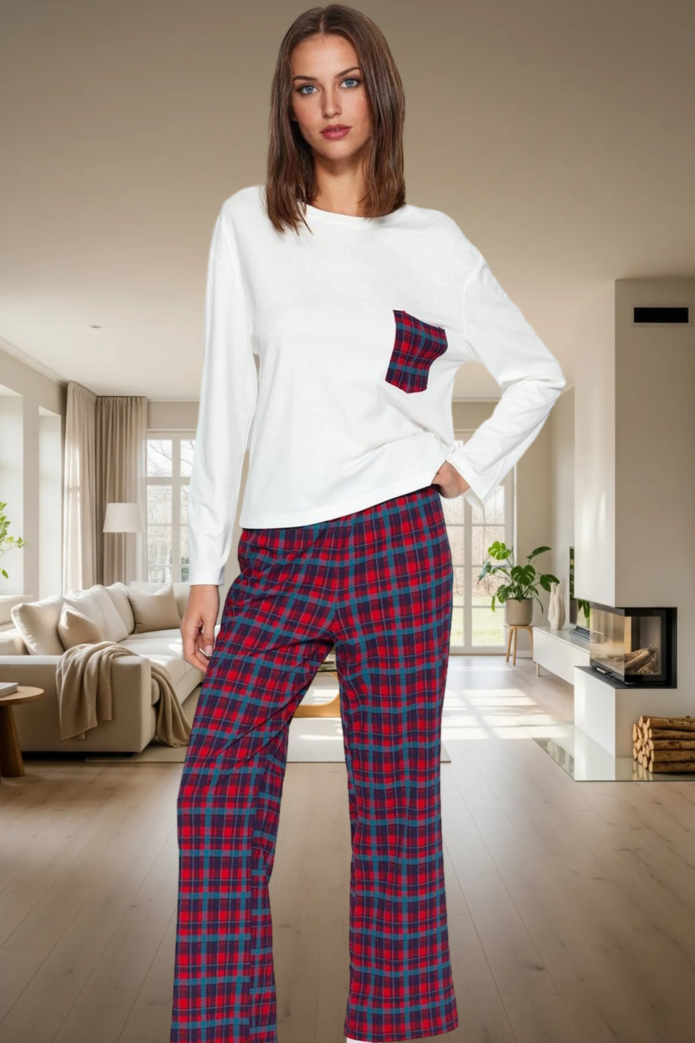 Rahat %100 Pamuklu Ekoseli Pijama Takımı Boru Paça Kaşkorse Dokuma Yüksek Kalite Dayanıklı Malzeme