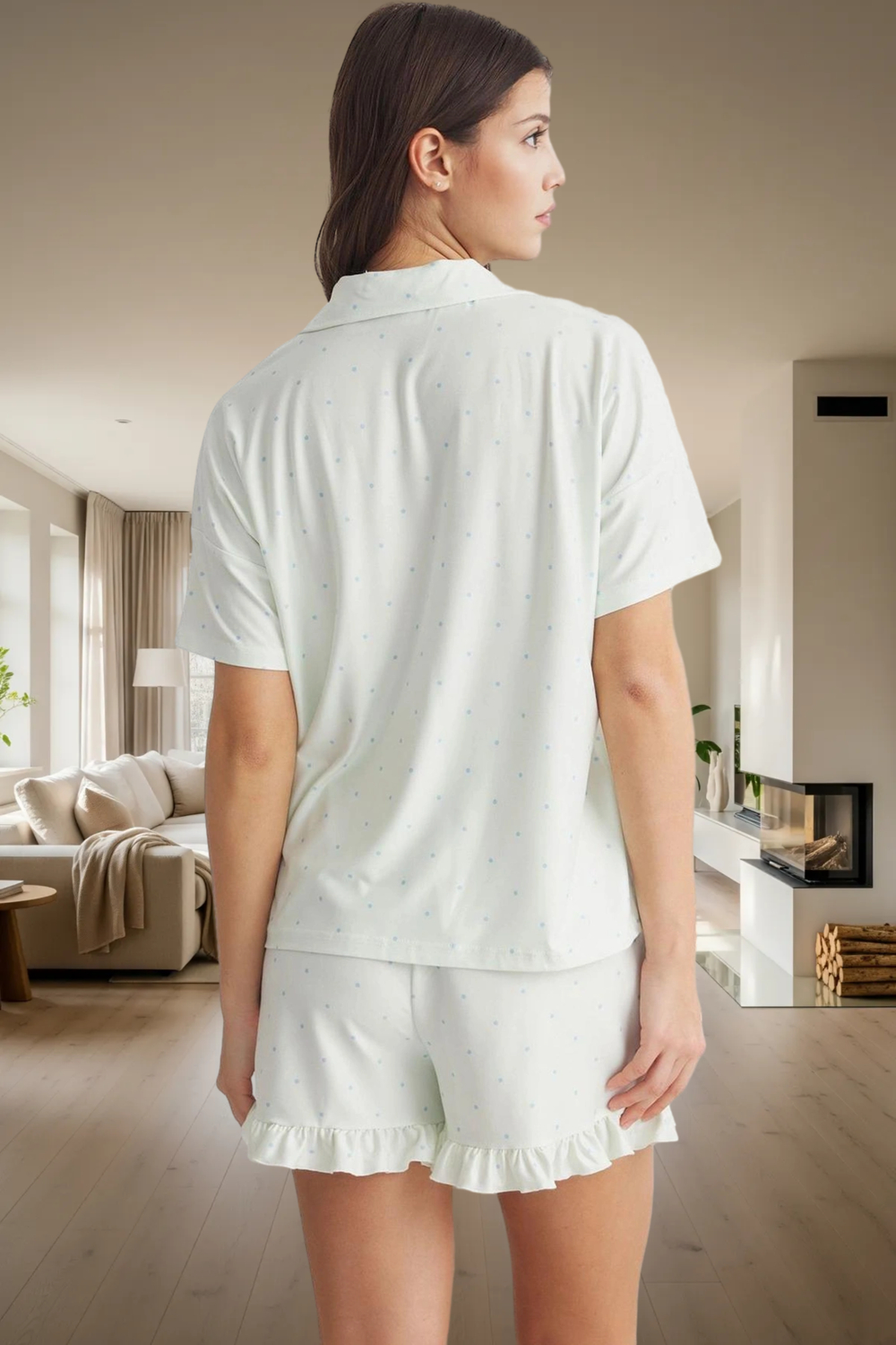 Kadın Kalpli Baskılı Pijama Takımı Gömlek Şort Fonksiyonel Dayanıklı Kaliteli Konforlu Şık