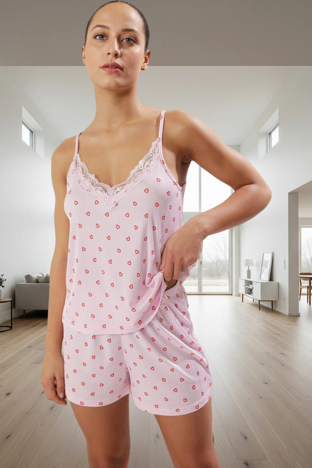 Rahat Örme Pijama Takımı Kalp Desenli İnce Askılı Boru Paça Şort Mükemmel Uyum Özel Tasarım