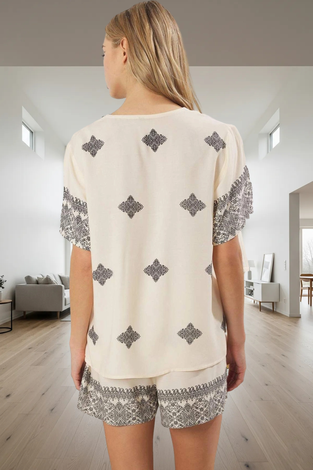 Yazlık Etnik Desenli Viskon Pijama Takımı Şortlu Rahat Kalıp Lounge ve Ev İçin