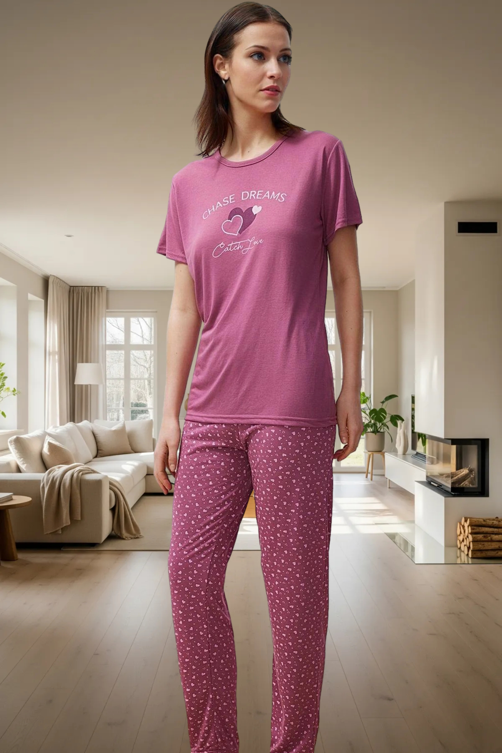 Rahat Kalpli Desenli Pijama Takımı Polyester Viskoz Örme Kumaş İlkbahar Sonbahar Trend Tasarım