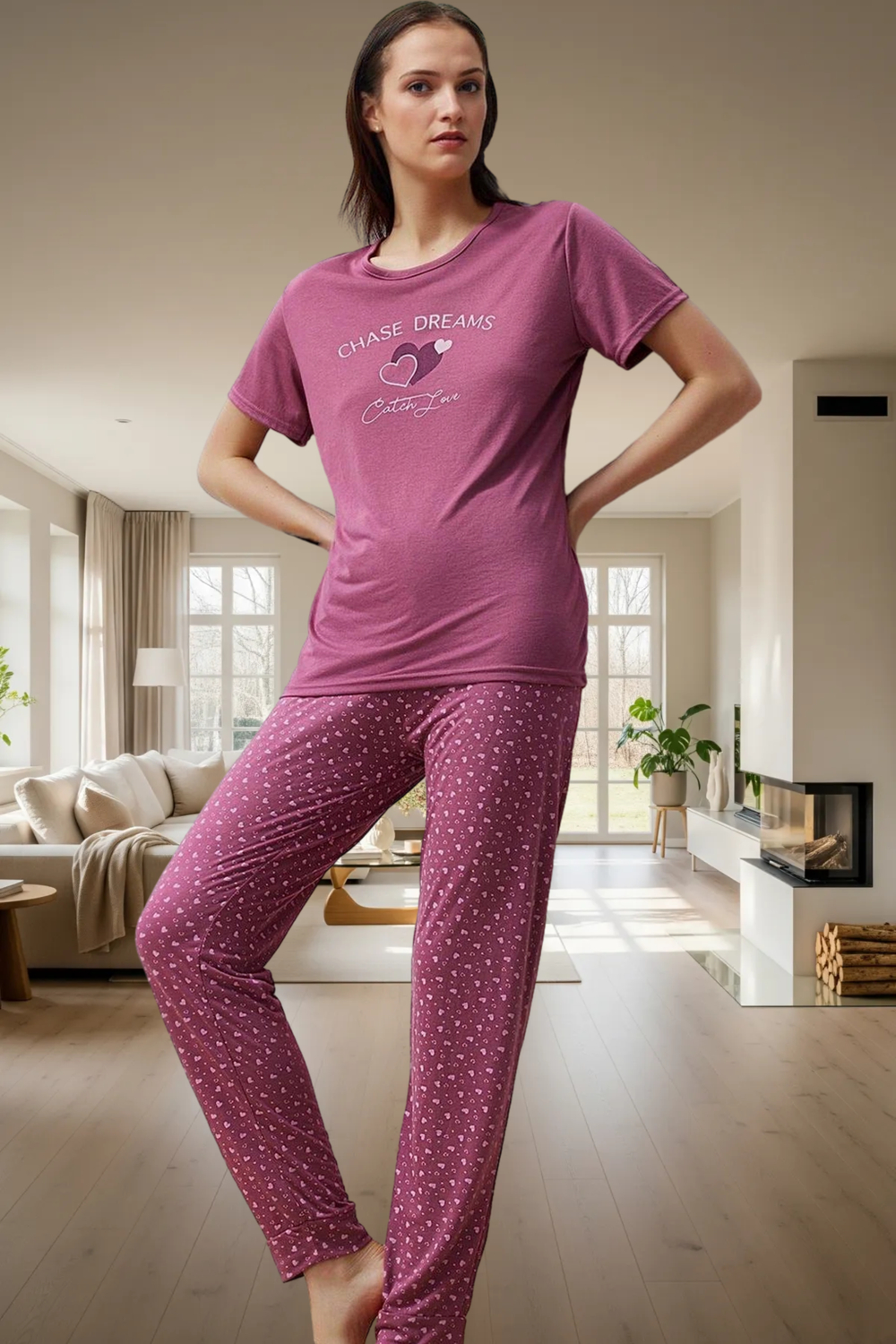 Rahat Kalpli Desenli Pijama Takımı Polyester Viskoz Örme Kumaş İlkbahar Sonbahar Trend Tasarım