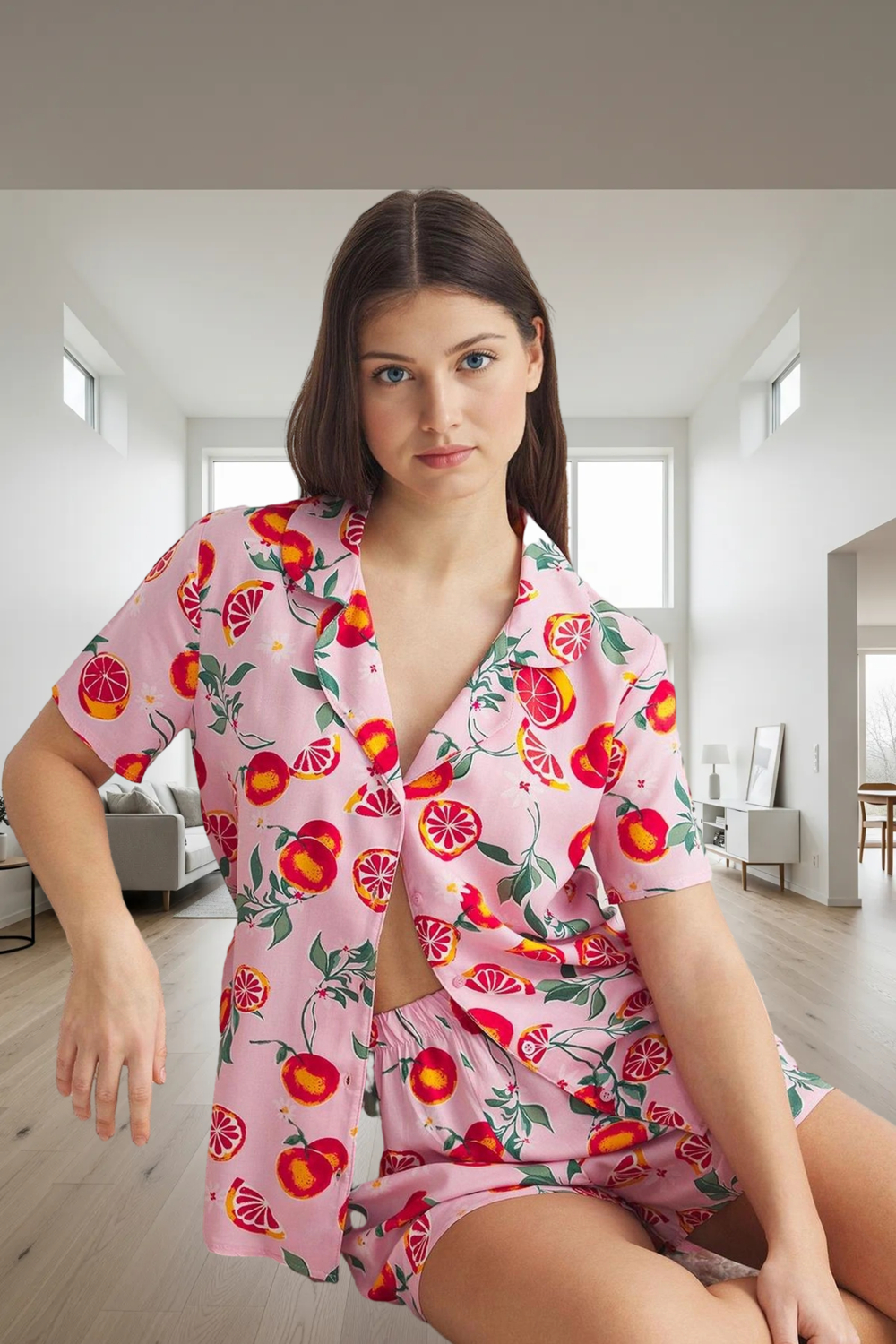Kadın Renkli Meyve Baskılı Gömlek ve Şort Pijama Takımı Fonksiyonel Dayanıklı Kaliteli Şık