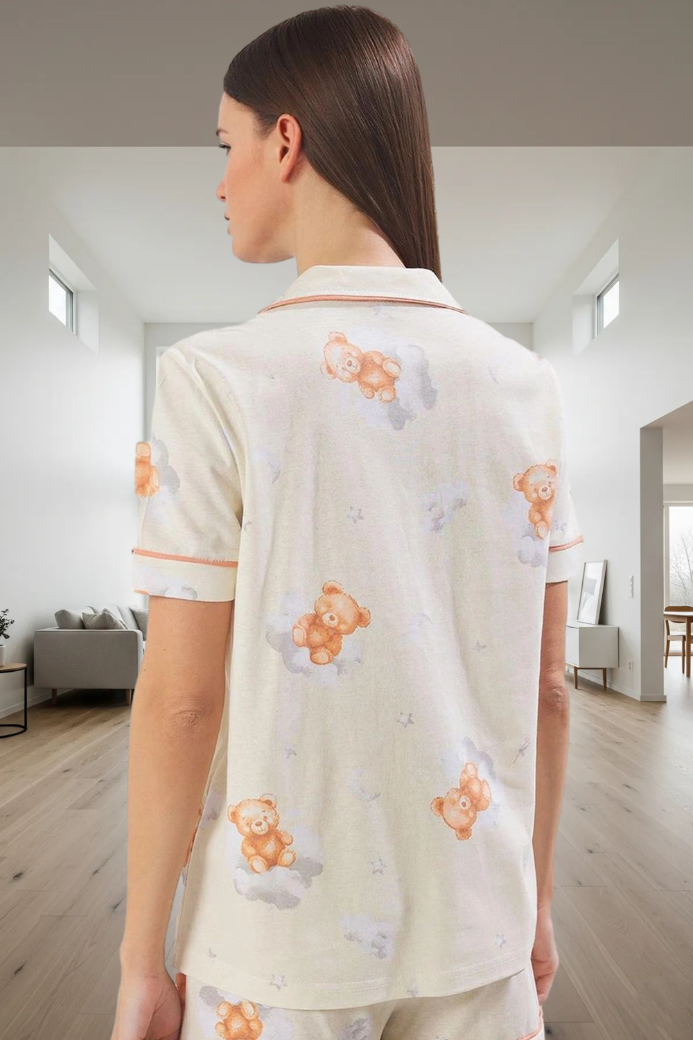 Evde Rahatlık İçin %100 Pamuklu Ayıcıklı Pijama Takımı Mükemmel Uyum Dayanıklı Malzeme