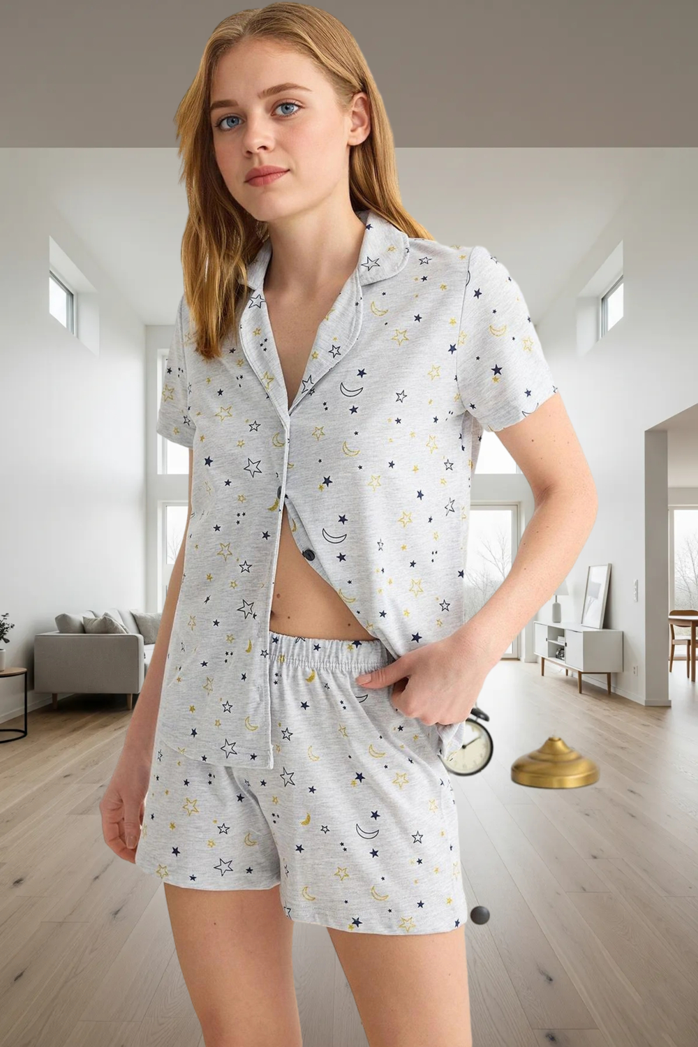 Yıldız Desenli Rahat Örme Pijama Takımı %70 Polyester %30 Pamuk Seçkin Malzeme Özel Tasarım