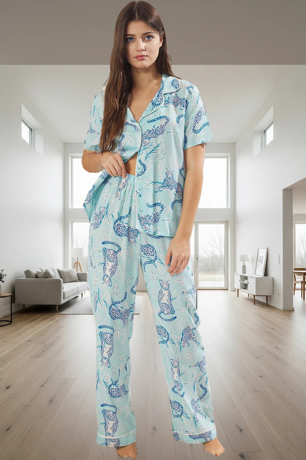 Kadın Leopar Desenli Gömlek Yaka Pijama Takımı Fonksiyonel Dayanıklı Kaliteli Konforlu Şık