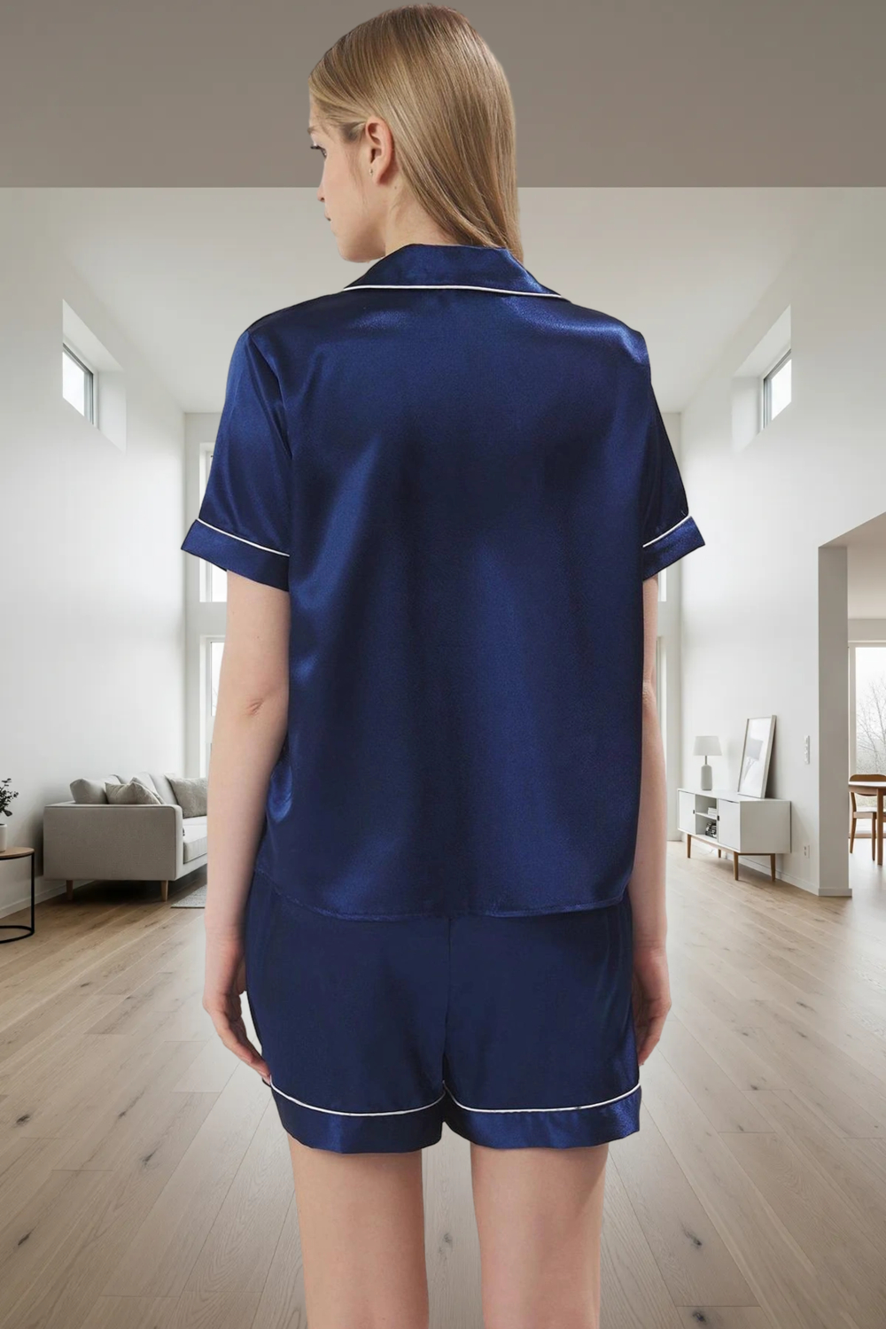 100% Polyester Saten Dokuma Rahat Pijama Takımı Kısa Kol Boru Paça Trend Tasarım