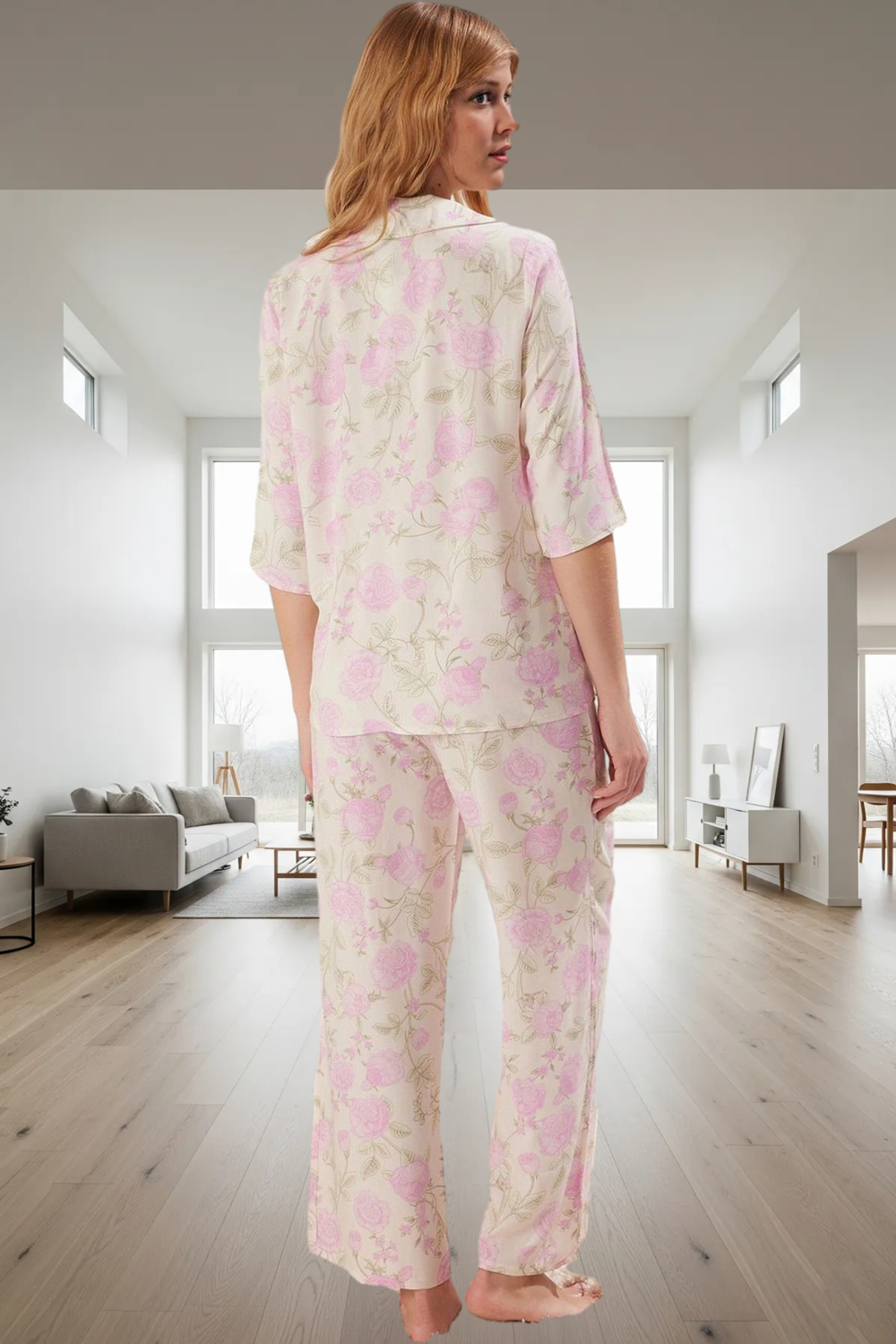 Şık Çiçek Desenli Viskoz Pijama Takımı; Rahat Nefes Alan 100% Kumaş Dayanıklı Malzeme