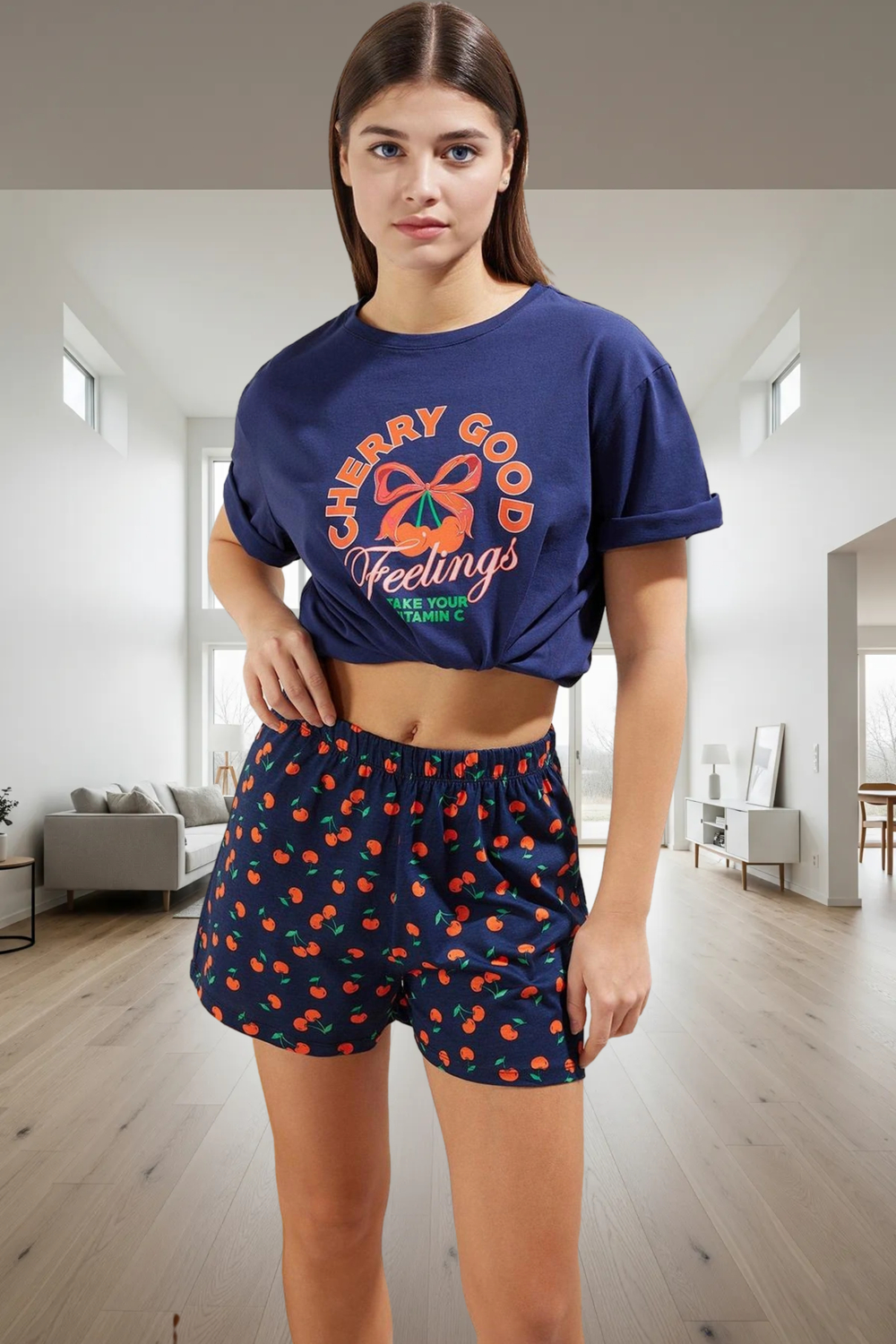 Rahat Pamuklu Kiraz Desenli Pijama Takımı Yazlık Şort ve T Shirt Mükemmel Uyum Zarifane Tasarım