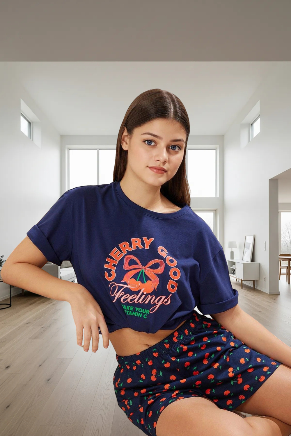 Rahat Pamuklu Kiraz Desenli Pijama Takımı Yazlık Şort ve T Shirt Mükemmel Uyum Zarifane Tasarım
