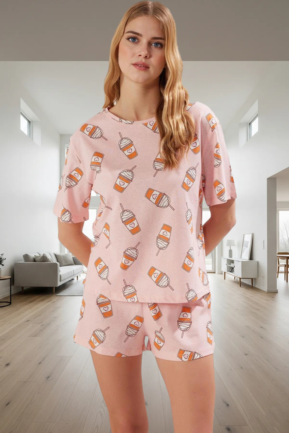 Rahat Yazlık Pijama Takımı %100 Pamuk Baskılı Kısa Kollu Regular Kalıp Zarifane Tasarım