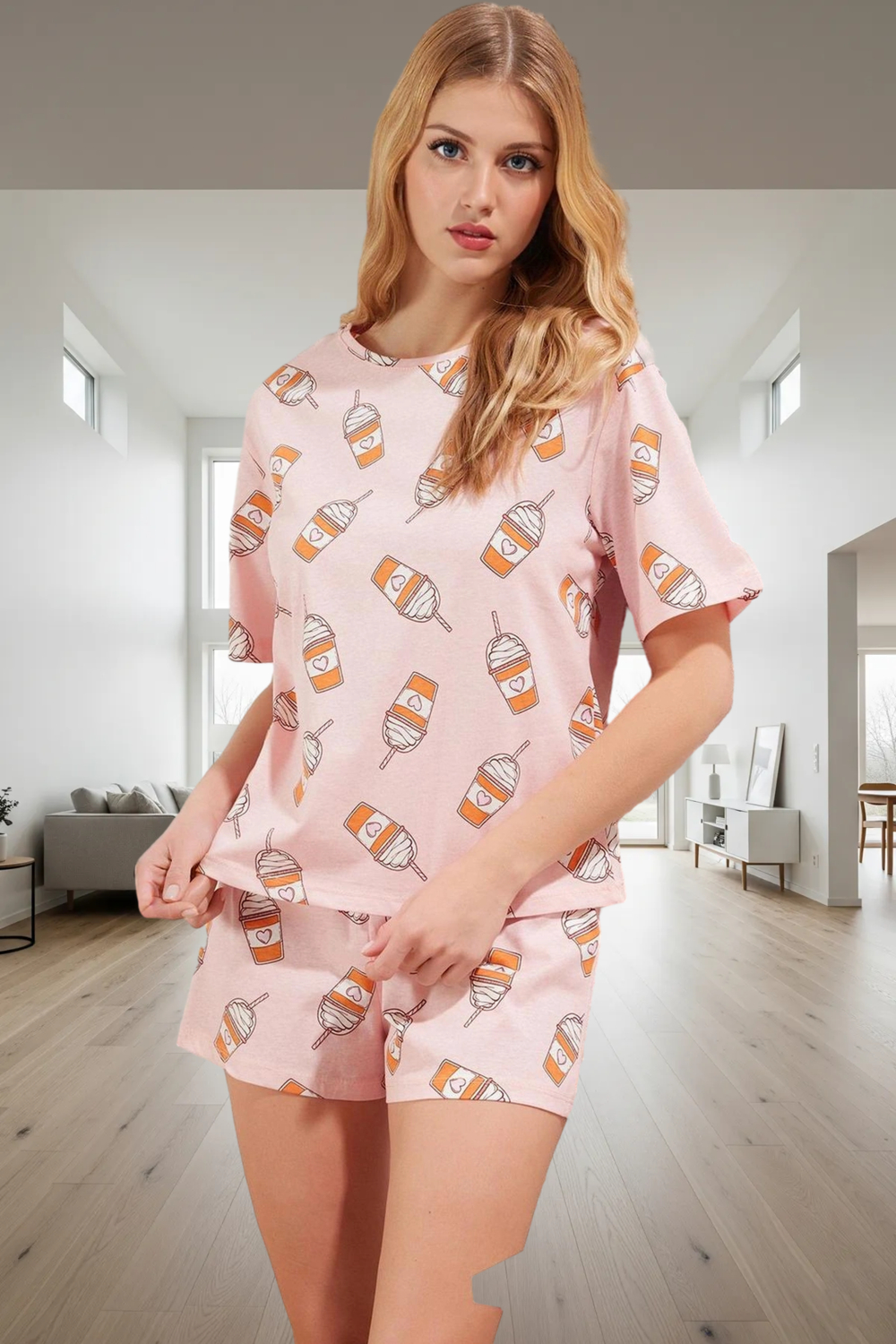 Rahat Yazlık Pijama Takımı %100 Pamuk Baskılı Kısa Kollu Regular Kalıp Zarifane Tasarım