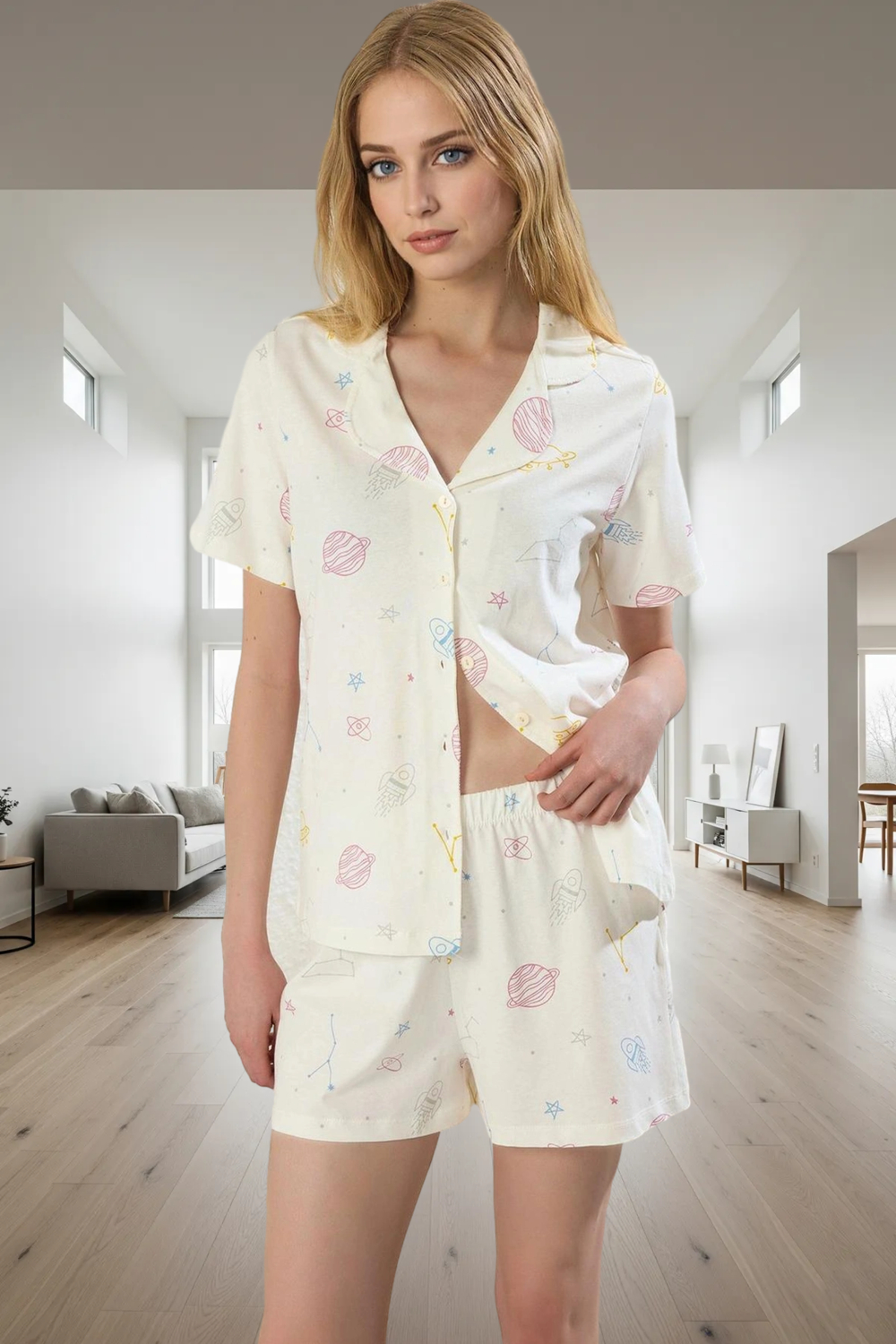 Rahat %100 Pamuklu Pijama Takımı Galaksi Desenli Şort ve Gömlek Dayanıklı Malzeme