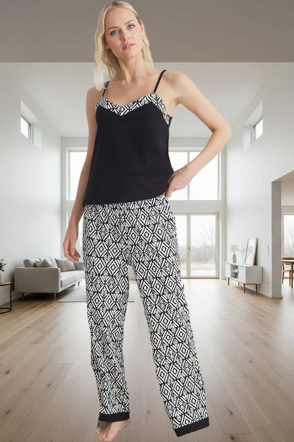 Ev Giyim İçin %100 Pamuklu Rahat Pijama Takımı Etnik Desenli Özenle Seçilmiş Özel Tasarım