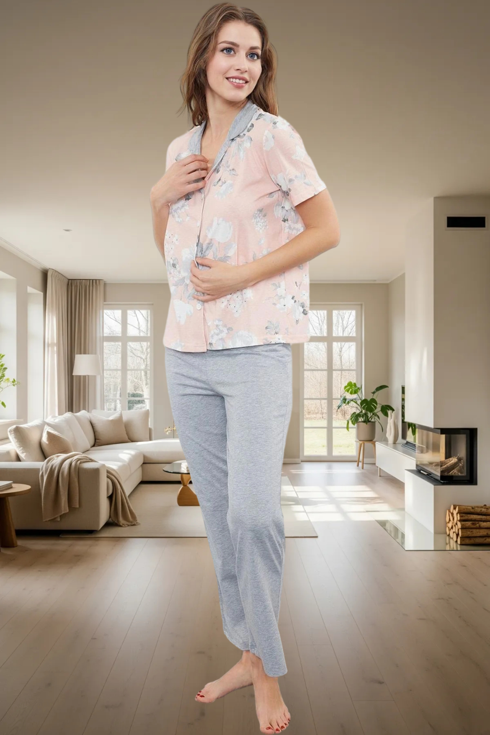 Rahatlığıyla Büyülüyen %100 Pamuklu Çiçekli Pijama Takımı Modern Stil Özenle Seçilmiş