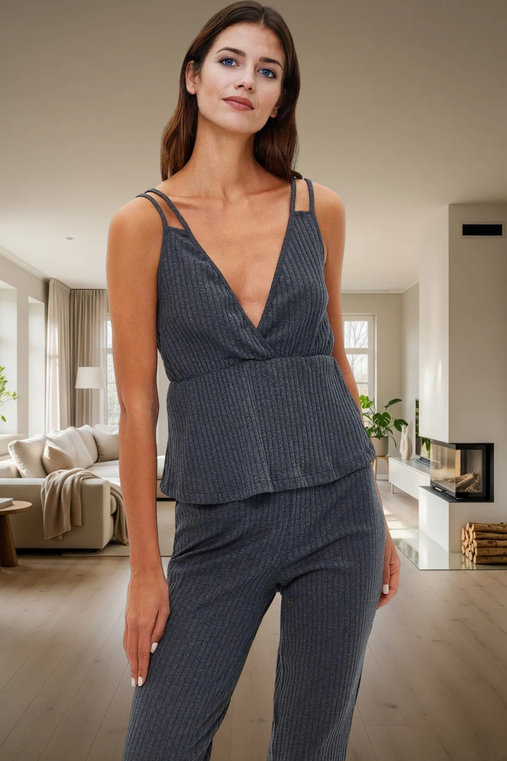 Kadın Fitilli İnce Askılı V Yaka Pijama Takımı Fonksiyonel Dayanıklı Kaliteli Konforlu Şık