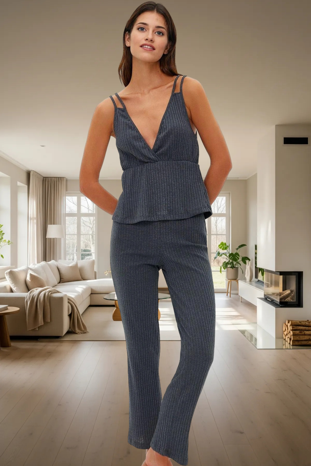 Kadın Fitilli İnce Askılı V Yaka Pijama Takımı Fonksiyonel Dayanıklı Kaliteli Konforlu Şık
