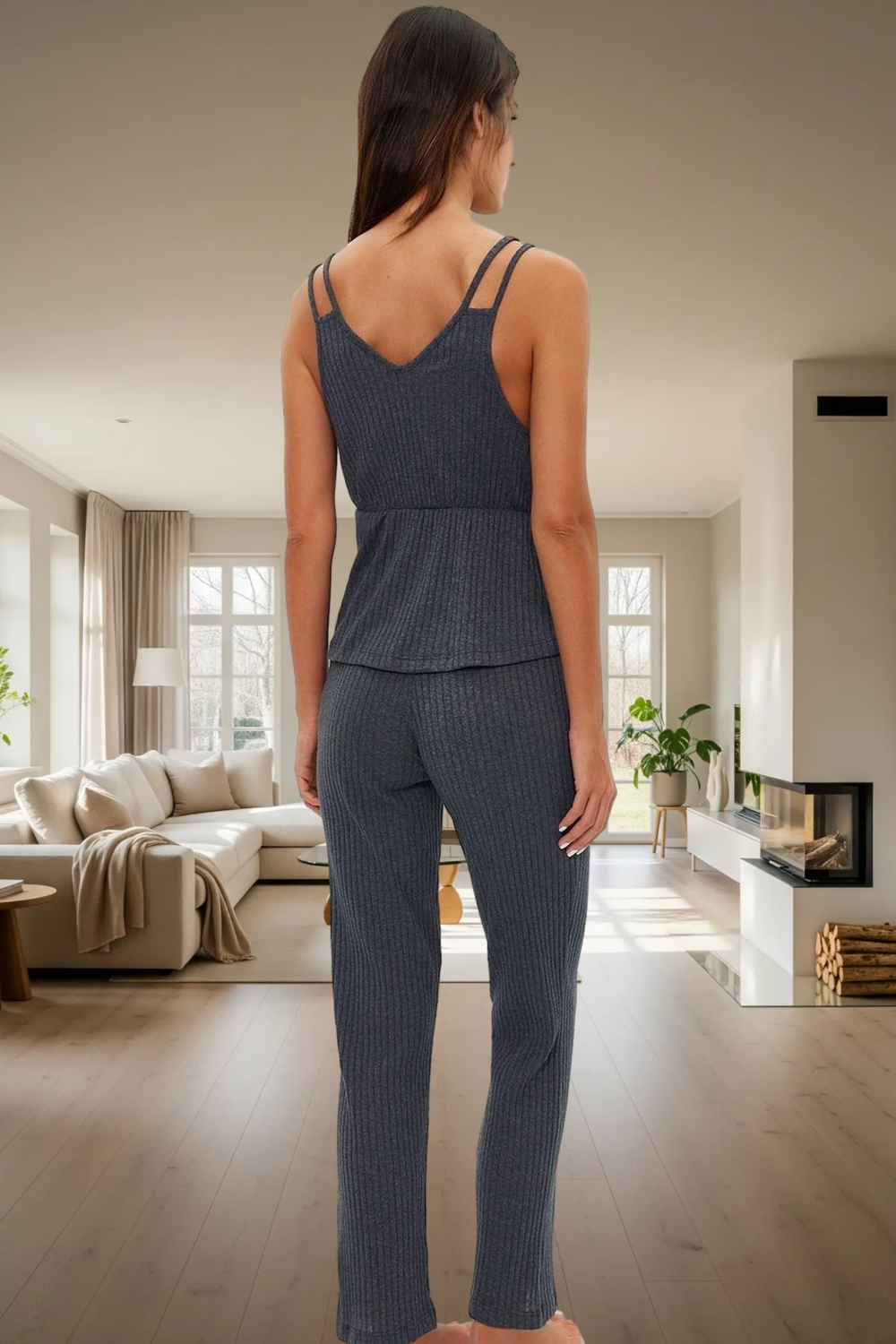 Kadın Fitilli İnce Askılı V Yaka Pijama Takımı Fonksiyonel Dayanıklı Kaliteli Konforlu Şık
