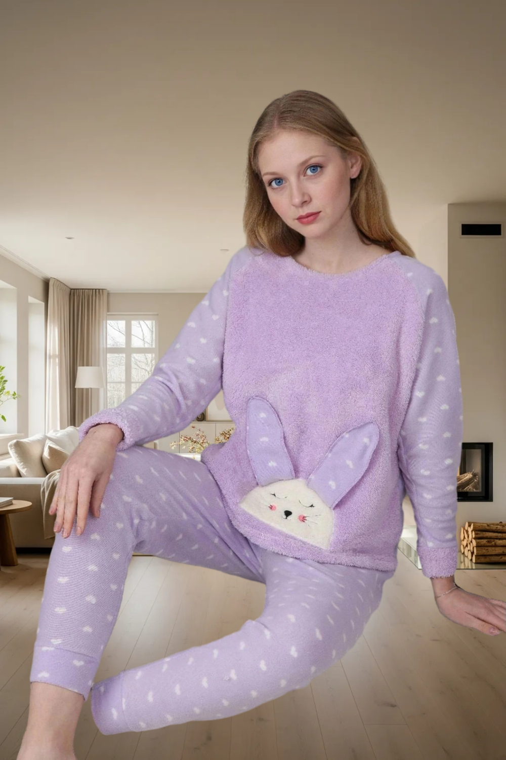 Kadın Tavşan Figürlü Polar Pijama Takımı ve Göz Bandı Fonksiyonel Dayanıklı Kaliteli Rahat