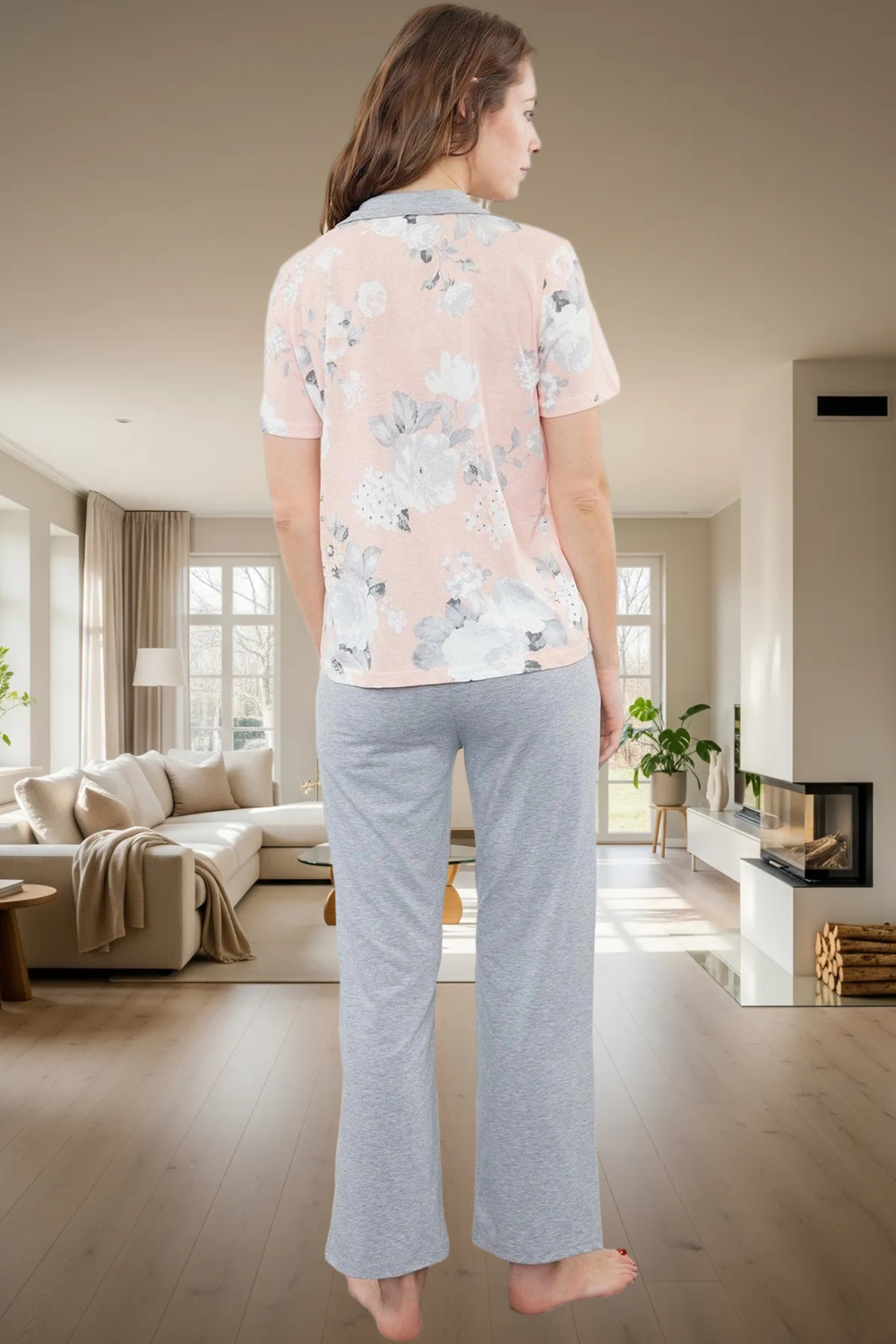 Rahatlığıyla Büyülüyen %100 Pamuklu Çiçekli Pijama Takımı Modern Stil Özenle Seçilmiş