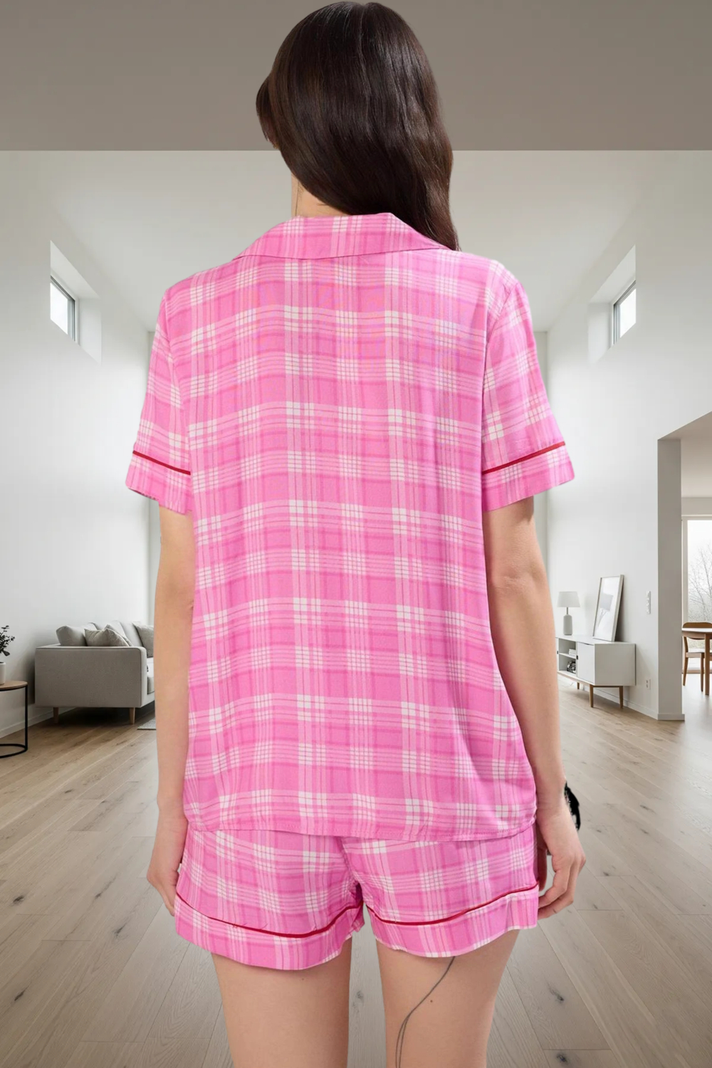 Viskoz Dokuma Pijama Takımı Ekoseli Şortlu Regular Kalıp Profesyonel Görünüm Rahat Ve Şık