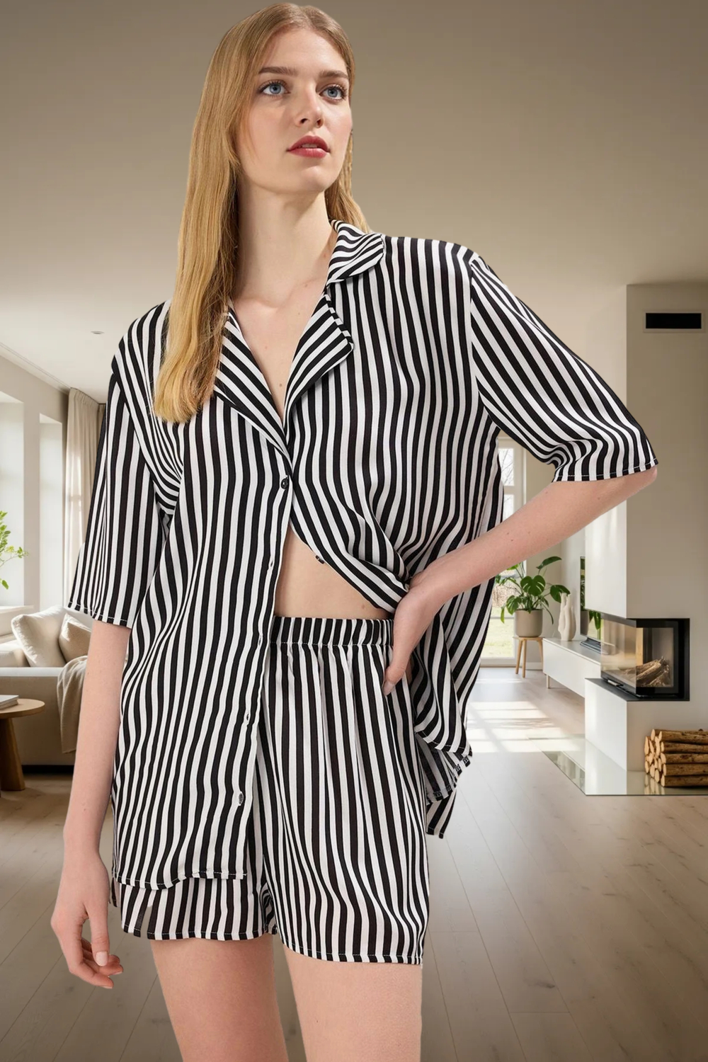 Rahat ve Şık Çizgili Viskoz Pijama Takımı Yazlık Ev Giyim Seti Özenle Seçilmiş Görünüm