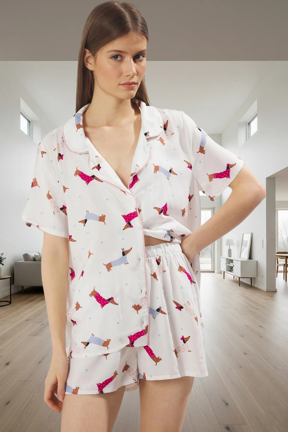 Köpek Desenli Şortlu Pijama Takımı Yazlık Rahat Viskoz Kumaş Uzun Ömürlü Günlük Kullanım İçin