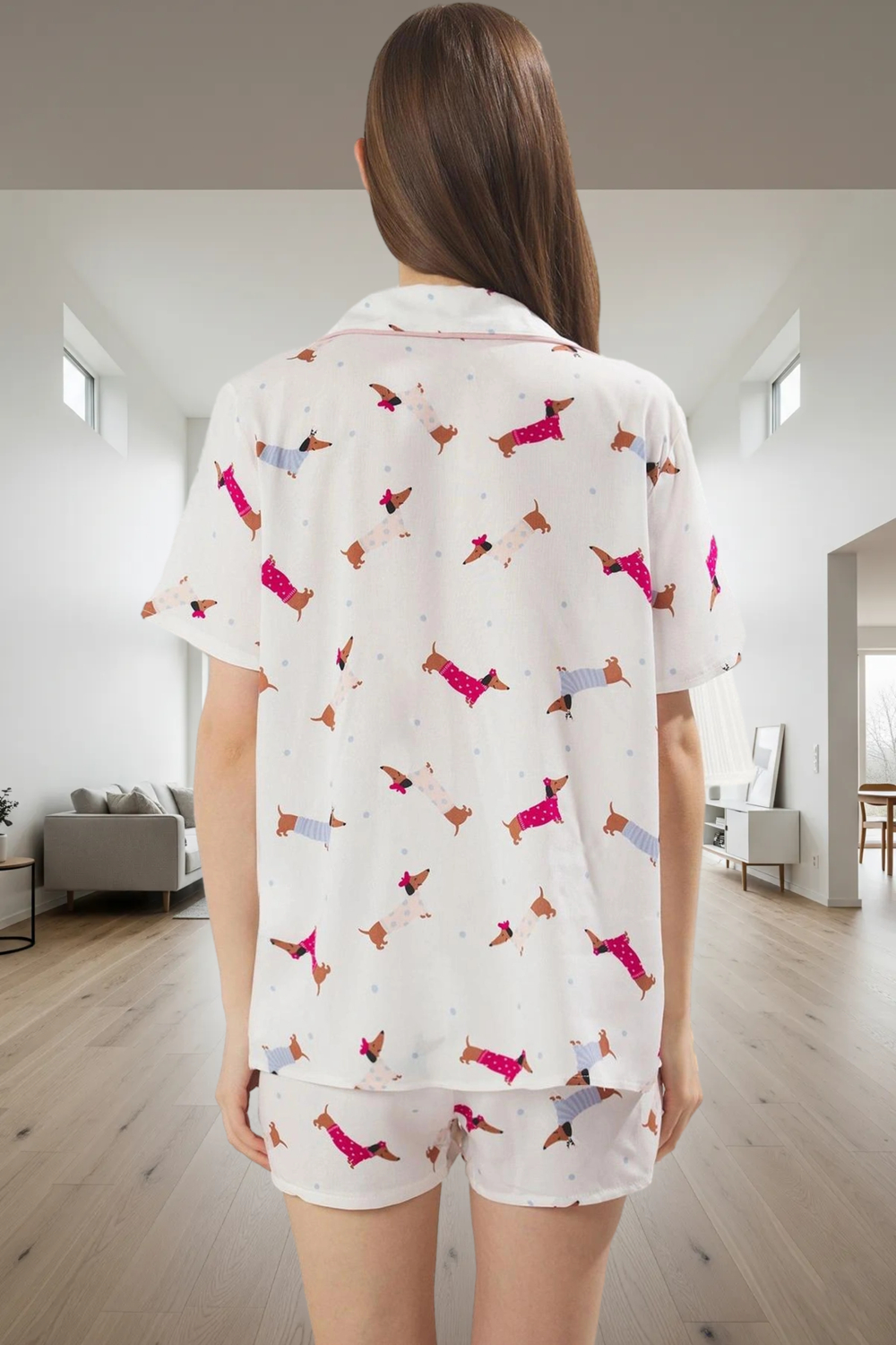 Köpek Desenli Şortlu Pijama Takımı Yazlık Rahat Viskoz Kumaş Uzun Ömürlü Günlük Kullanım İçin