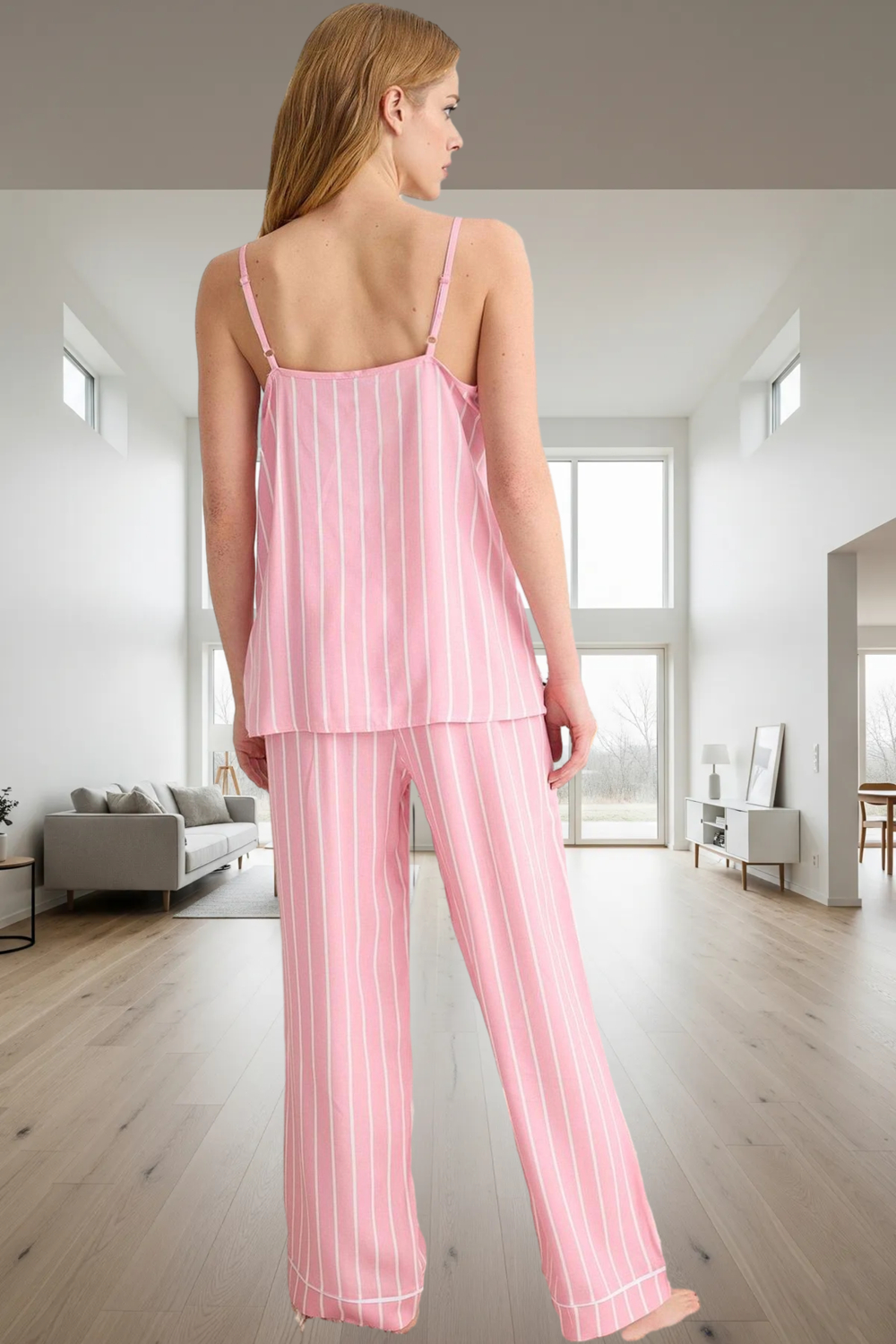 Viskon İp Askılı Çizgili Pijama Takımı Rahat Ev Giyim Yaz Koleksiyonu Özenle Seçilmiş