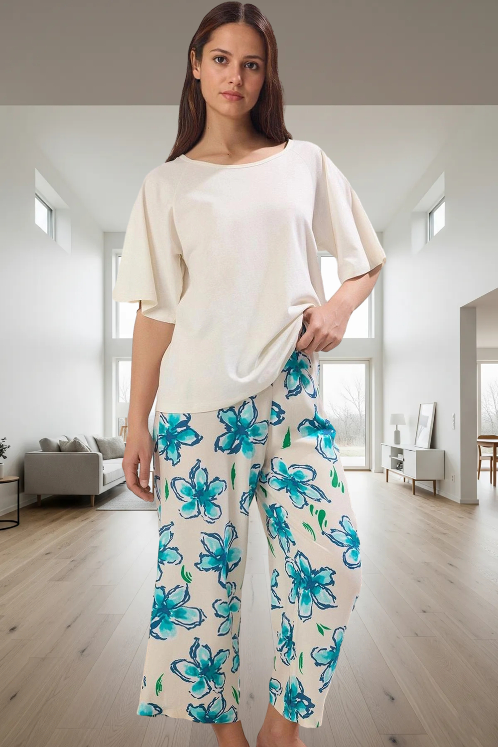 Nefes Alan Pamuklu Pijama Takımı Çiçekli Desenli Kayık Yaka Boru Paça Premium Kalite