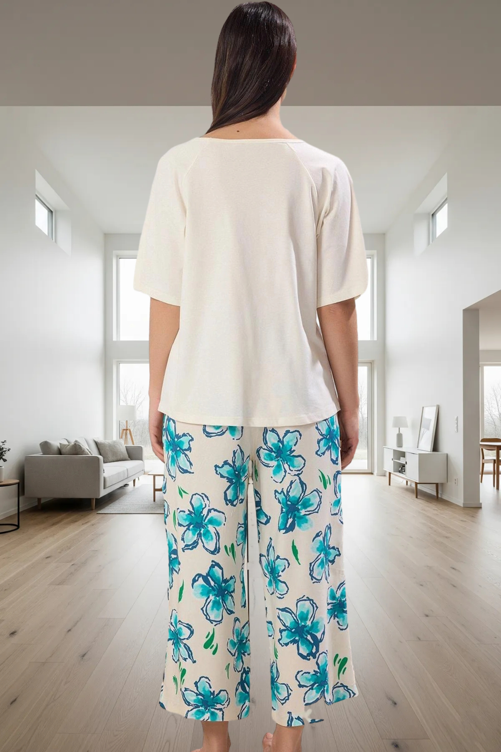 Nefes Alan Pamuklu Pijama Takımı Çiçekli Desenli Kayık Yaka Boru Paça Premium Kalite