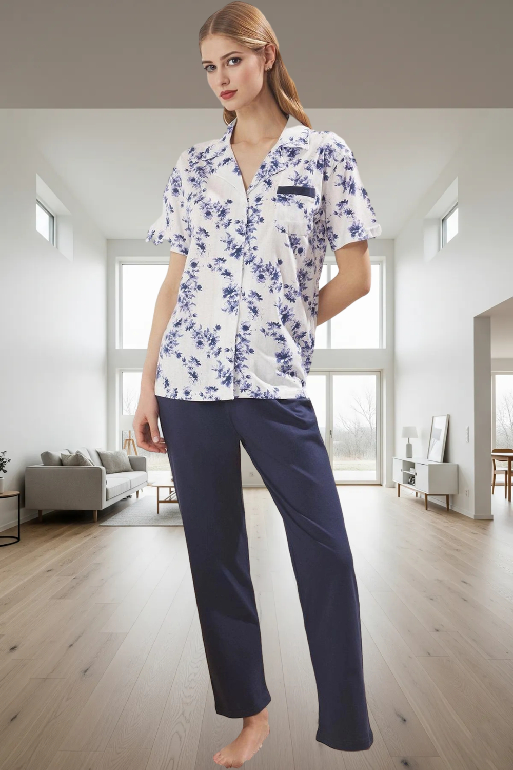 Rahat Pamuklu Pijama Takımı Çiçek Desenli Regular Kalıp Profesyonel Görünüm Modern Stil