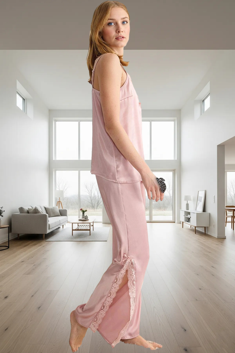 İnce Askılı Dantel Detaylı Saten Pijama Takımı Rahat ve Şık Dayanıklı Malzeme