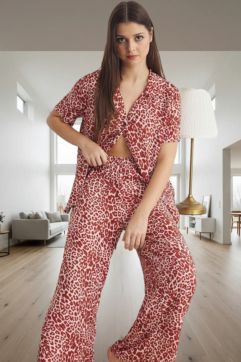 Rahat ve Şık Leopar Desenli Viskoz Pijama Takımı Yaz İçin Mükemmel Uzun Ömürlü Modern Stil