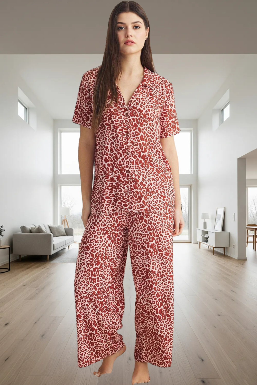 Rahat ve Şık Leopar Desenli Viskoz Pijama Takımı Yaz İçin Mükemmel Uzun Ömürlü Modern Stil