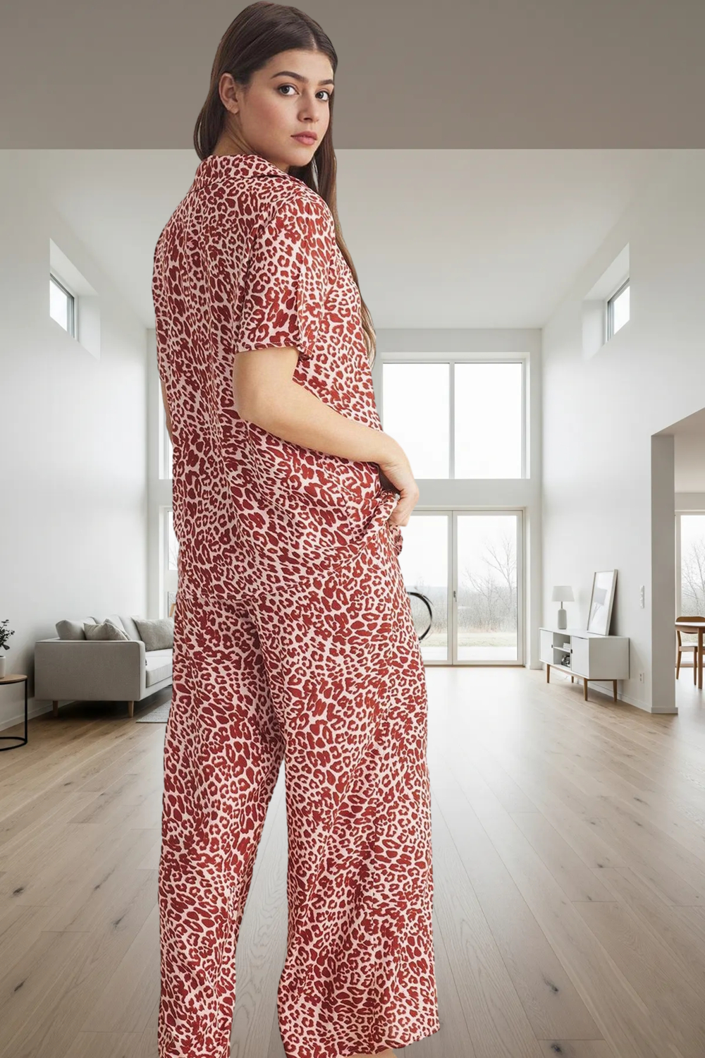 Rahat ve Şık Leopar Desenli Viskoz Pijama Takımı Yaz İçin Mükemmel Uzun Ömürlü Modern Stil