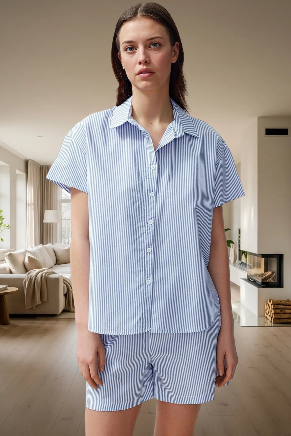 Şık Çizgili Pijama Takımı Poplin Dokuma Rahat Kalıp Trend Tasarım Modern Stil