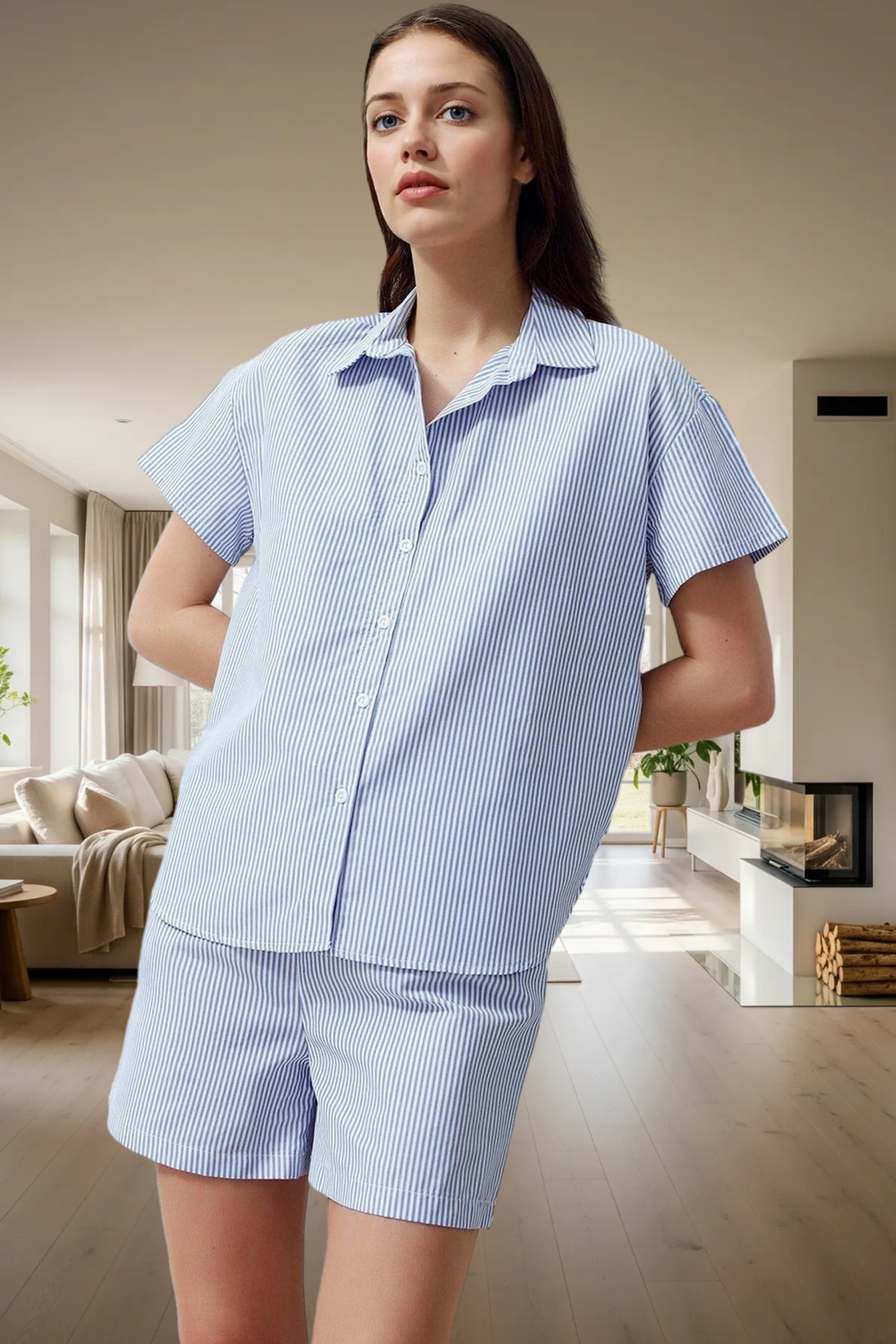 Şık Çizgili Pijama Takımı Poplin Dokuma Rahat Kalıp Trend Tasarım Modern Stil