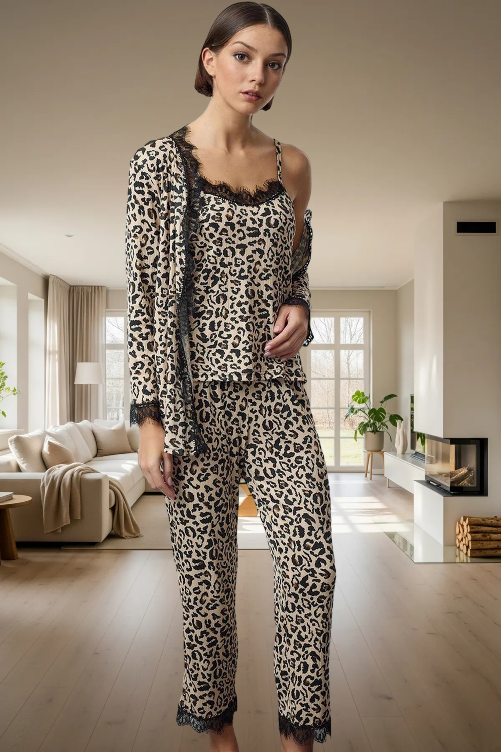 Kadın 3lü Pijama Takımı Leopar Desenli Dantelli Kaşkorse Kumaş Rahat Kullanım Zarifane Tasarım