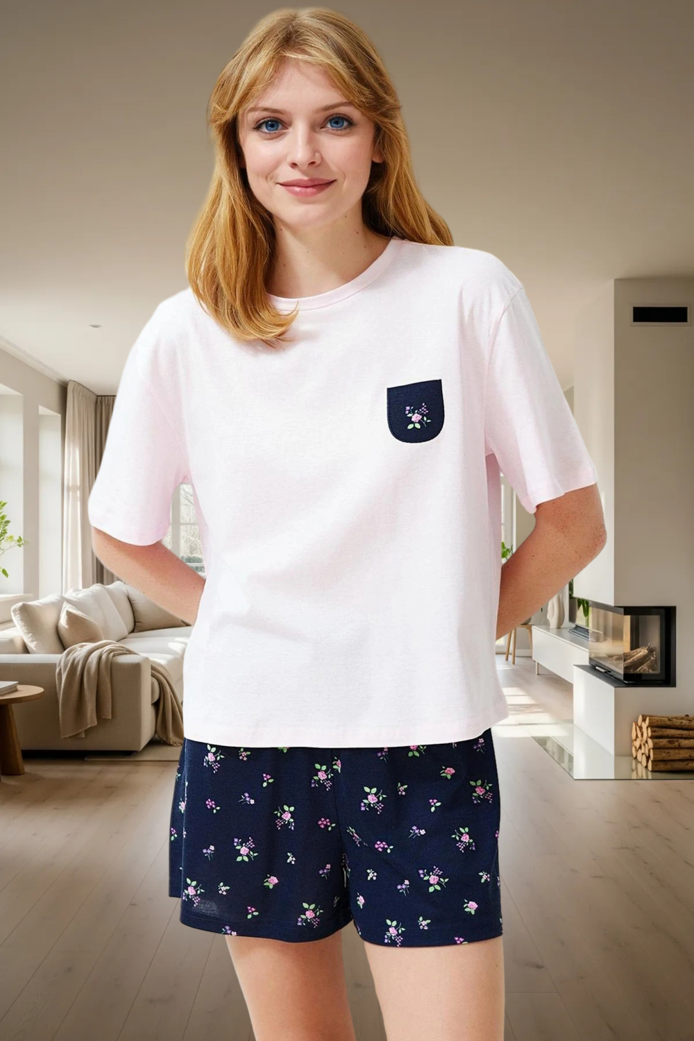 Çiçekli Viskon Örme Pijama Takımı Rahat ve Şık Yaz Uykusu Özel Tasarım Profesyonel Görünüm