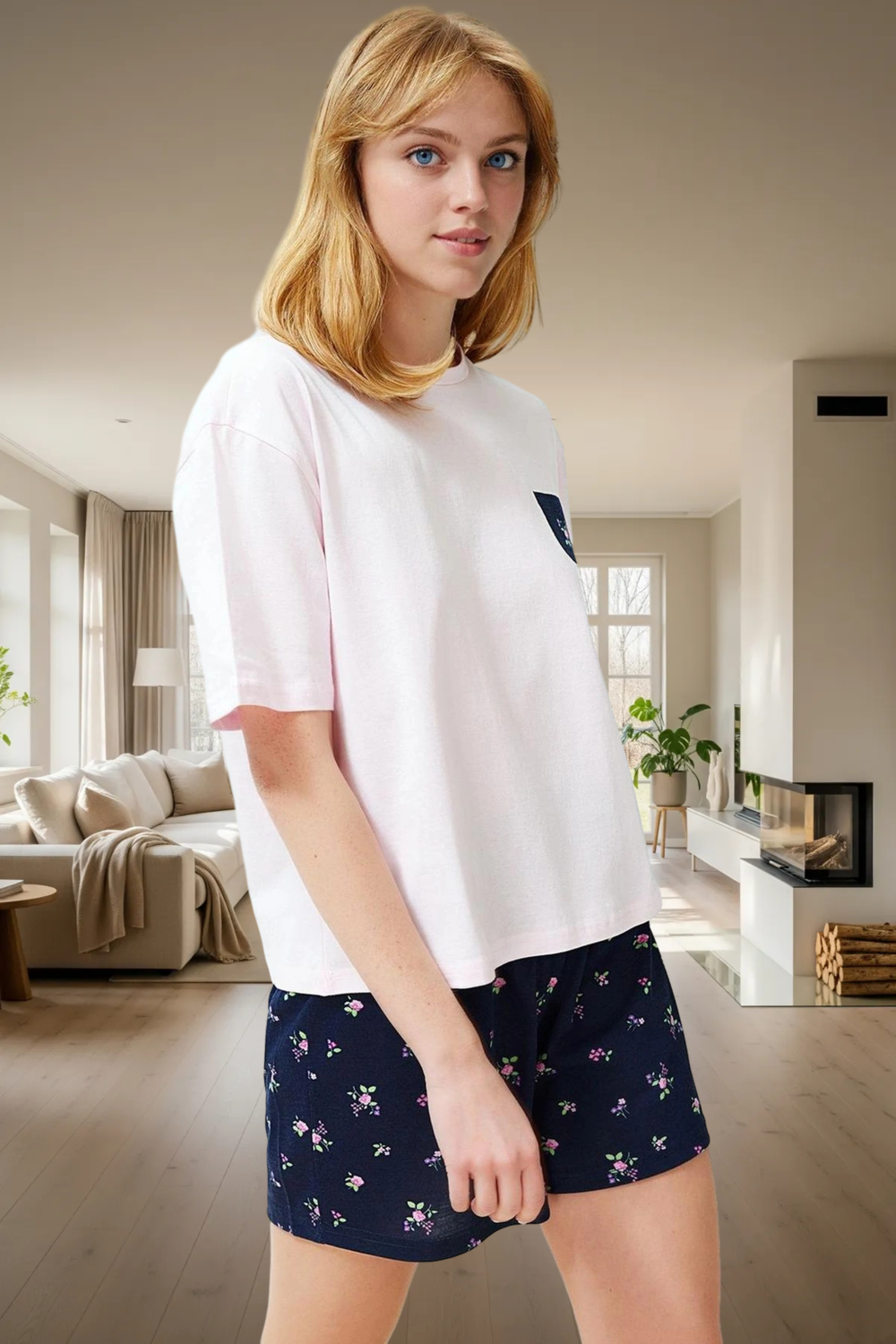Çiçekli Viskon Örme Pijama Takımı Rahat ve Şık Yaz Uykusu Özel Tasarım Profesyonel Görünüm