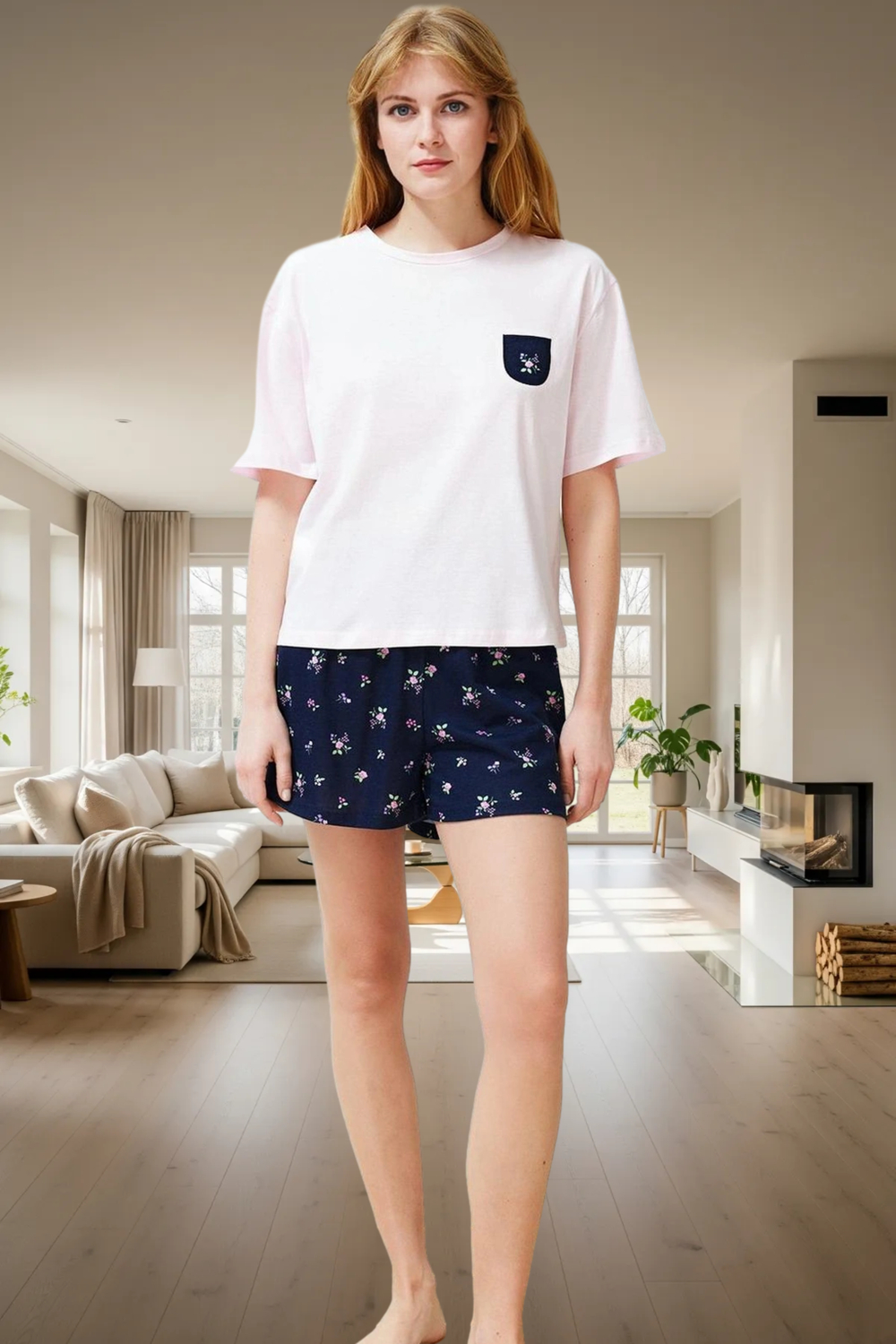 Çiçekli Viskon Örme Pijama Takımı Rahat ve Şık Yaz Uykusu Özel Tasarım Profesyonel Görünüm