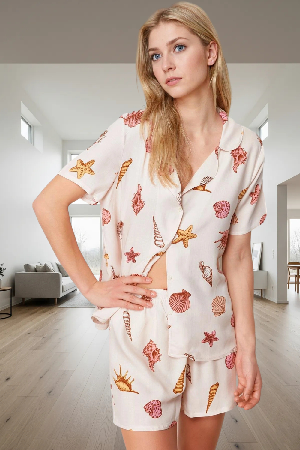Rahat Yazlık Pijama Takımı Şortlu Kısa Kollu Çok Deniz Kabuğu Desenli Viskoz