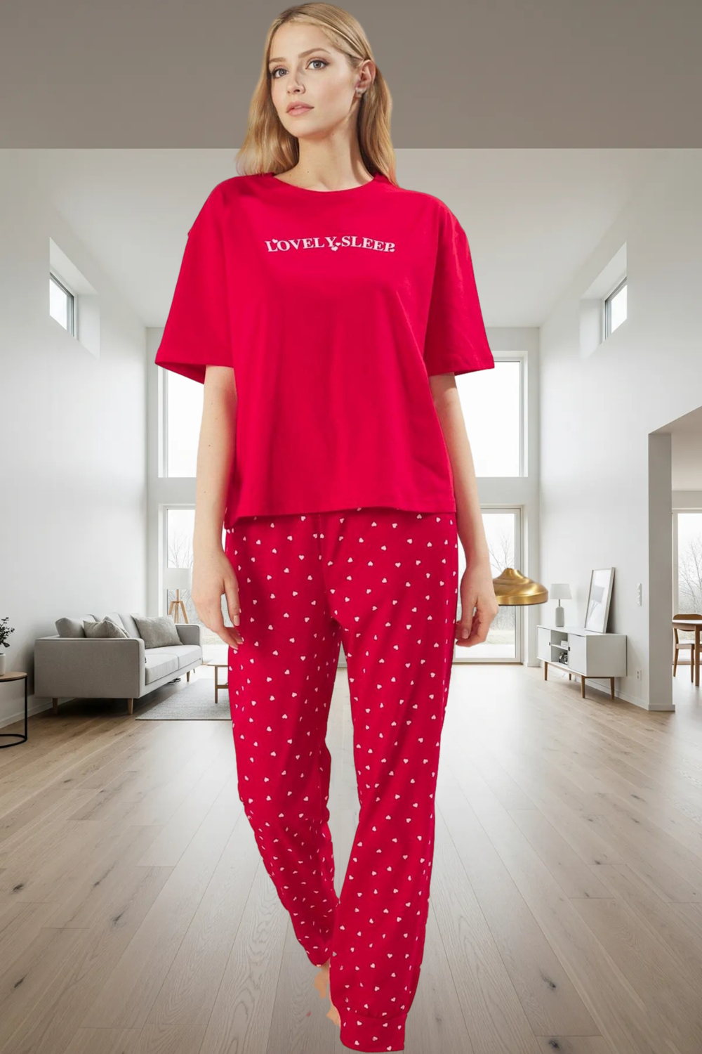 Şık Kalpli Desenli Pijama Takımı Pamuklu Rahat ve 2'li Profesyonel Görünüm