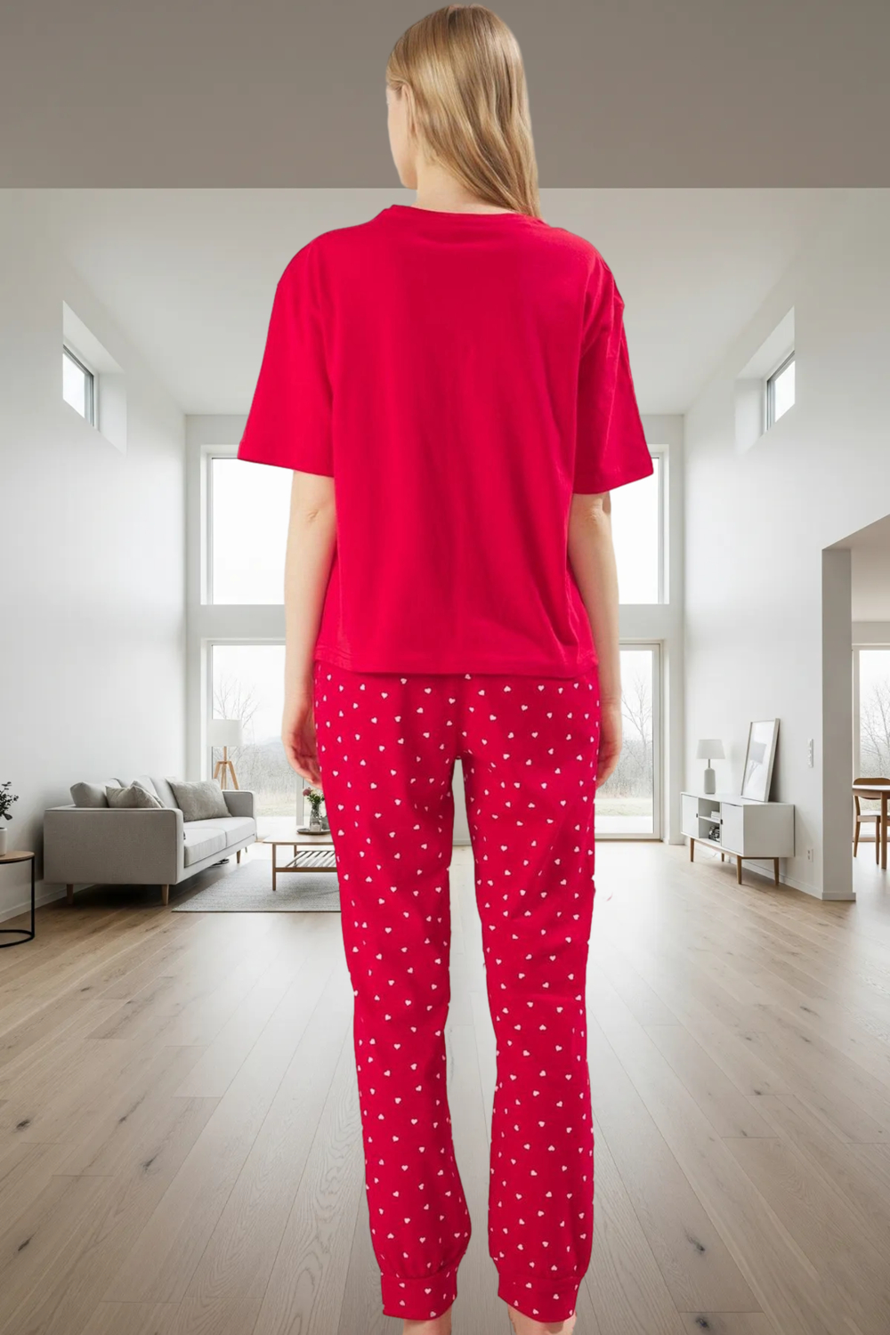 Şık Kalpli Desenli Pijama Takımı Pamuklu Rahat ve 2'li Profesyonel Görünüm