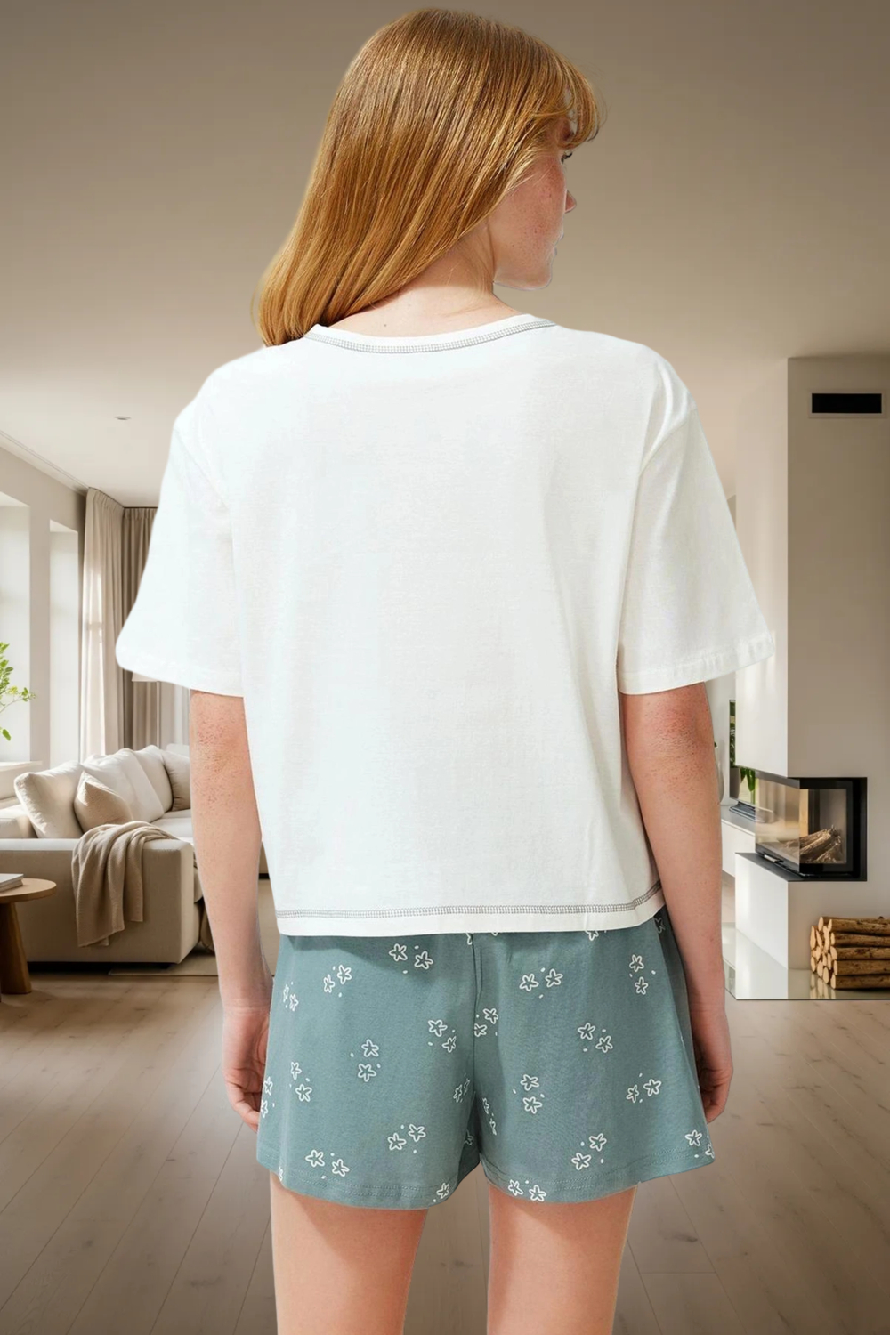 Pamuklu Geometrik Desenli Rahat Pijama Takımı Yazlık Ev Giyim Seti Yüksek Kalite Şık Görünüm