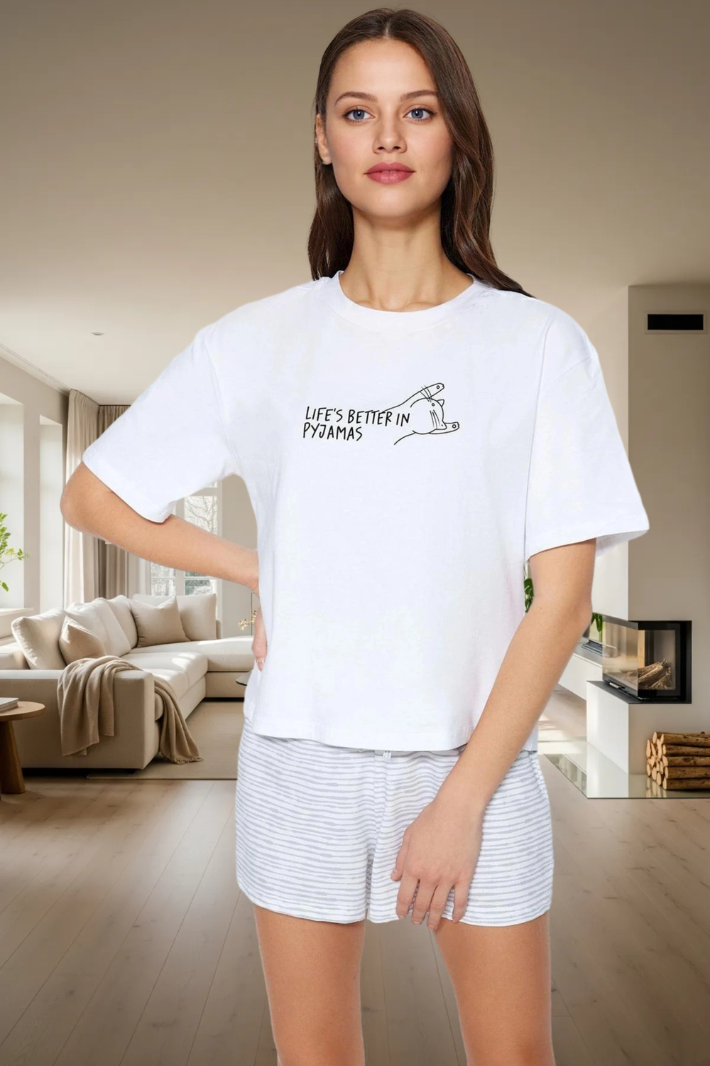 Rahat Yazlık Pijama Takımı Pamuklu Çizgili Kısa Kol Regular Kalıp Mükemmel Uyum