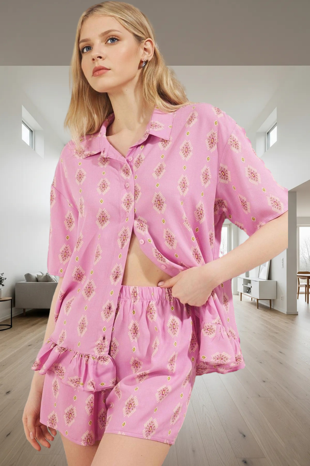 Rahat Viskoz Pijama Takımı Etnik Desenli Şortlu Yazlık Premium Kalite Zarifane Tasarım