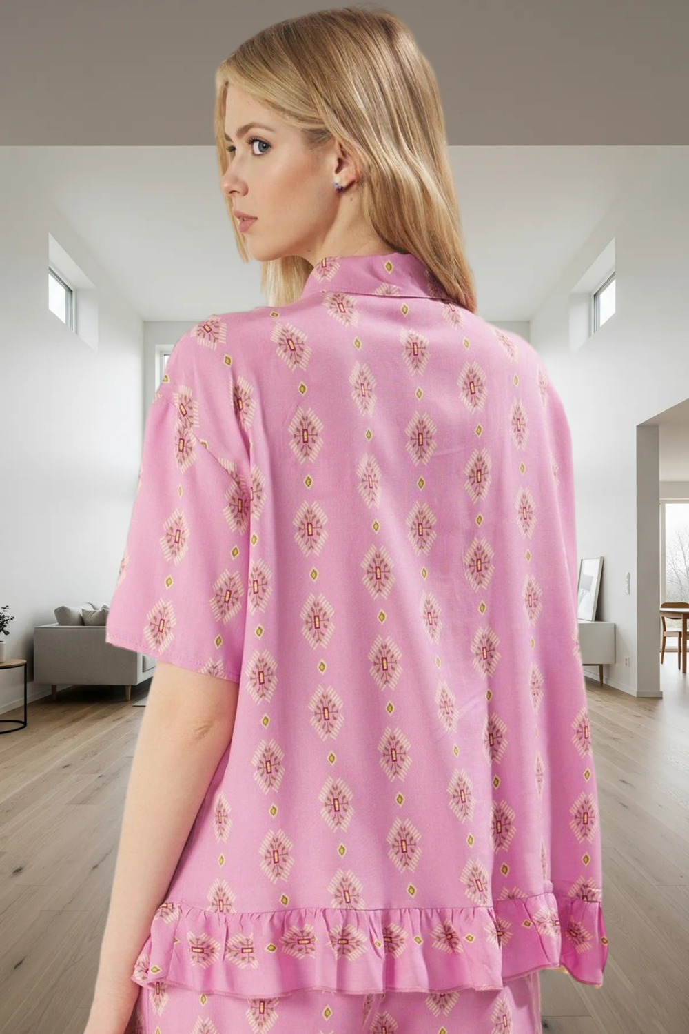 Rahat Viskoz Pijama Takımı Etnik Desenli Şortlu Yazlık Premium Kalite Zarifane Tasarım